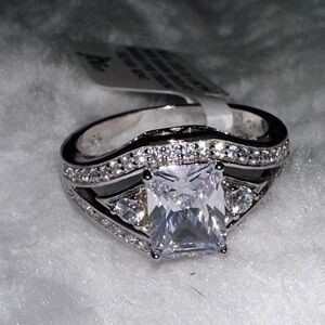 Engagement 5.3 ct lab diamond emerald cut style sterling silver band